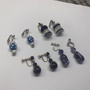 Lot Of 4 Costume Earrings Vintage Clip On Screw On Blue / Black Bead Dangle Mix